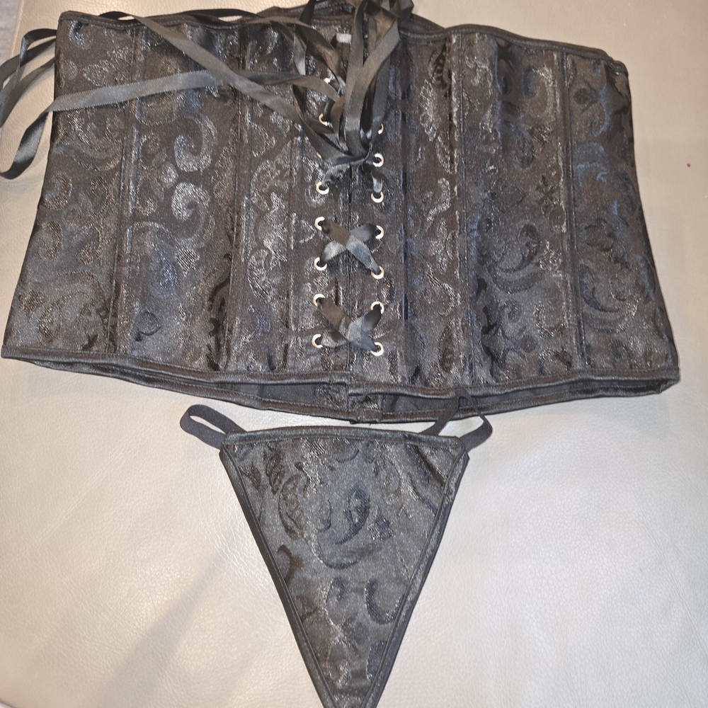 Elegant Black Corset and Thong Set